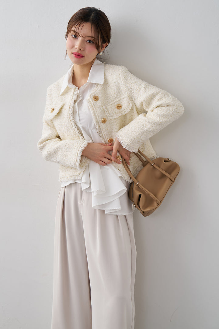 [予約/SET]アシメフリルティアードシャツ+フリンジツイードゴールドボタンジャケット+エステルツイルタックワイドカラーパンツ(3set)