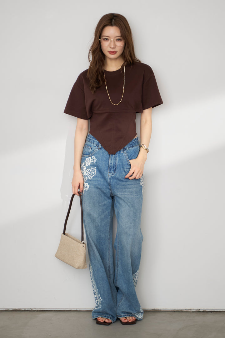 [予約/SET]バックレースアップTシャツ+レースプリントデザインデニムパンツ(2set)