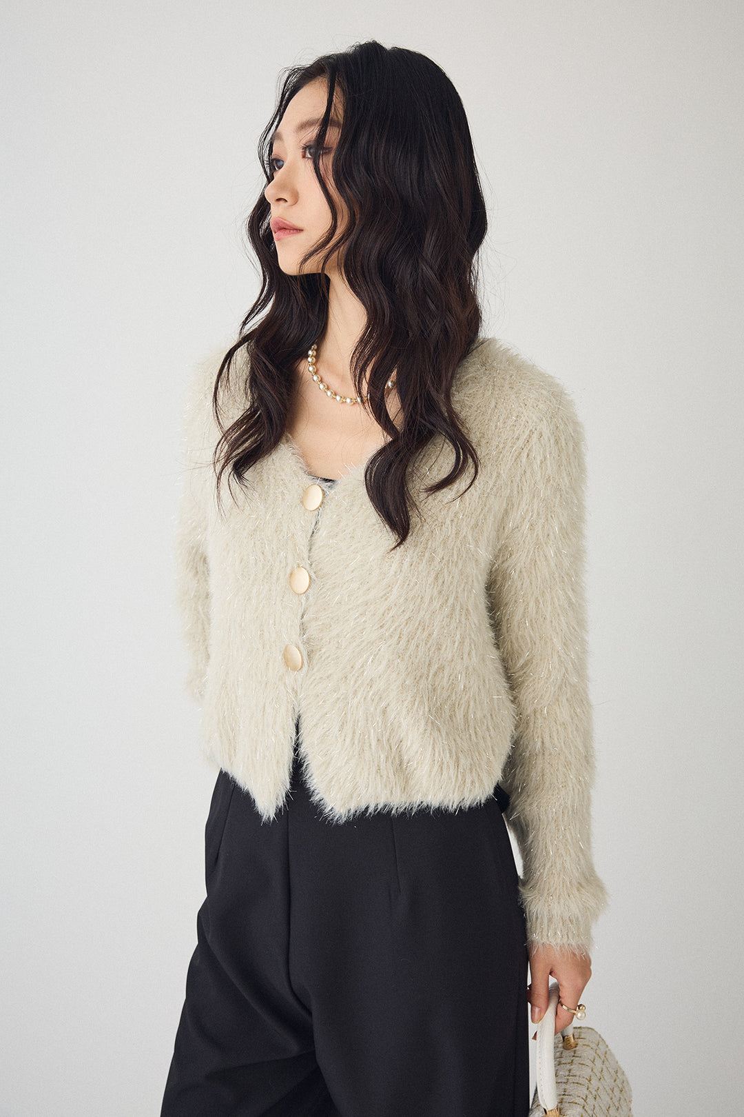 [予約/SET]ゴールドボタンラメシャギーニット+バックリボンストレートパンツ(2set)