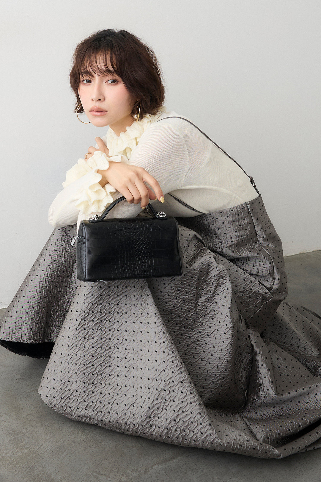 [予約/SET]ダブルフリルカラーニットプルオーバー+ドットジャガードギャザーフレアスカート(2set)