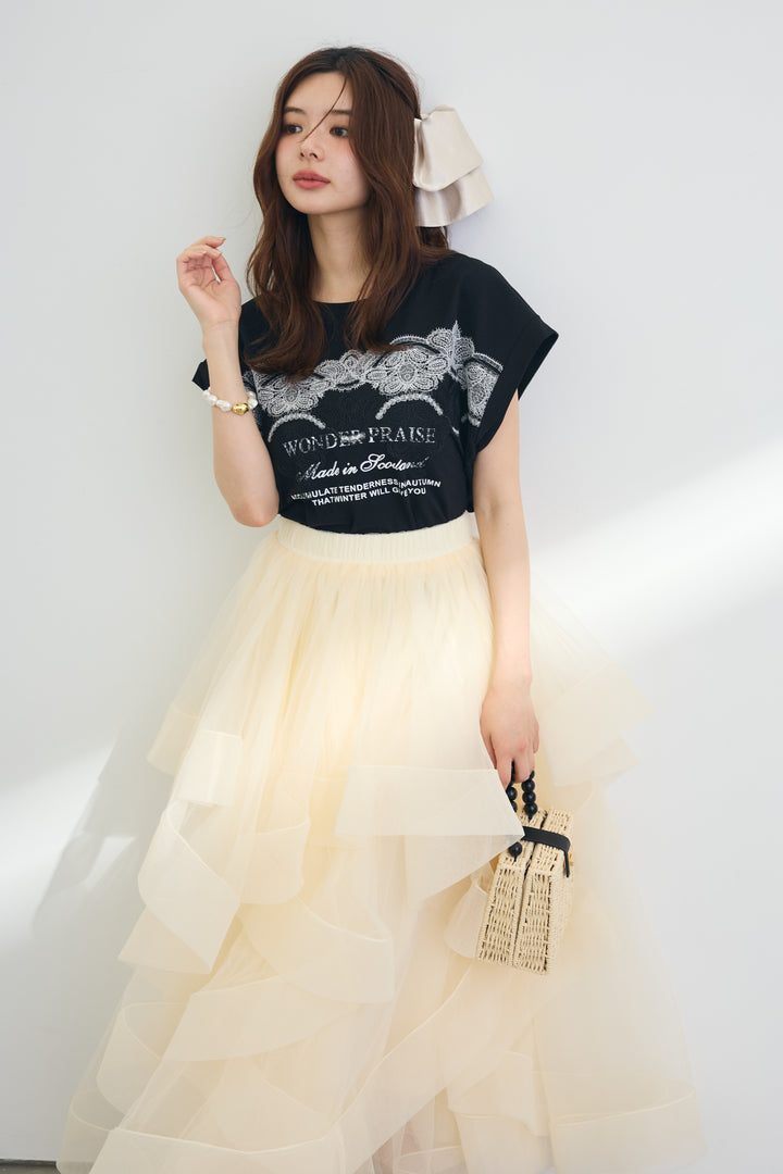 [予約/SET]レースデザインロゴTシャツ+ランダムチュールドラマティックスカート(2set)