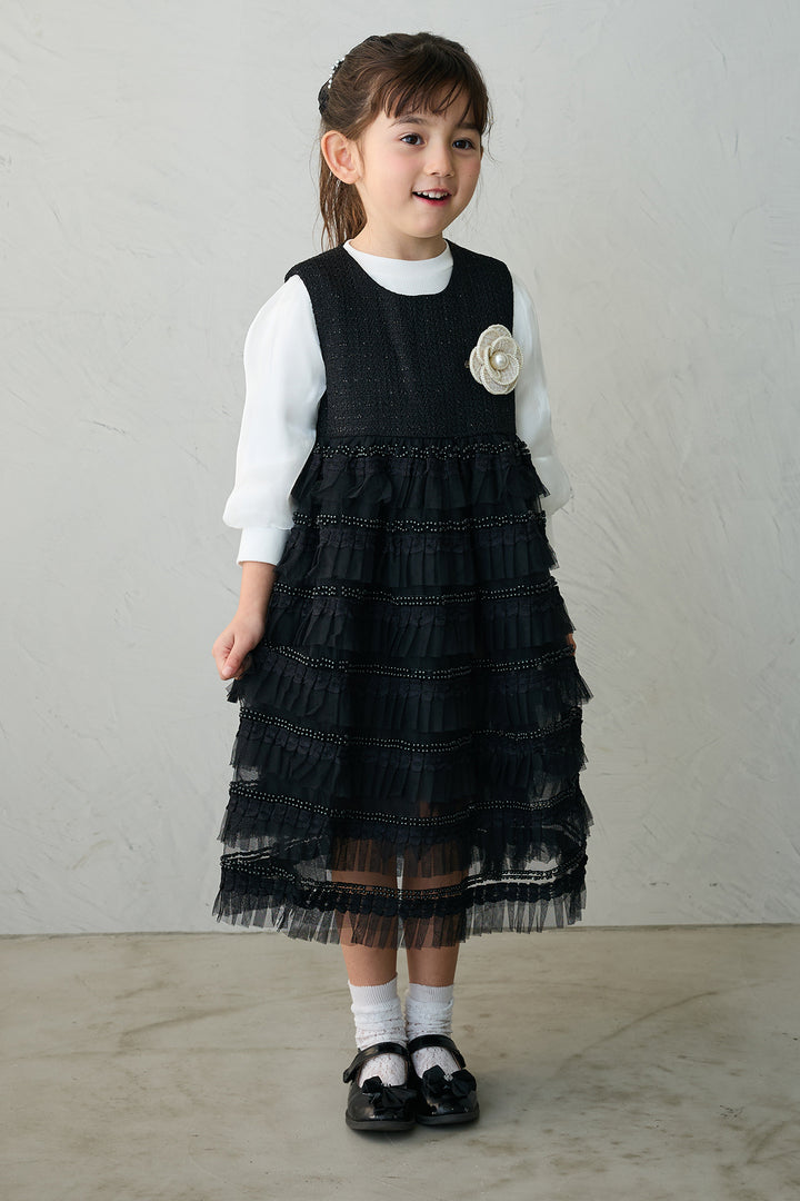 [予約/親子SET][kids]ティアードプリーツパールワンピセット+ツイード×チュールレイヤードクロップドジャケット+ホイップチュールティアードスカート(3set)