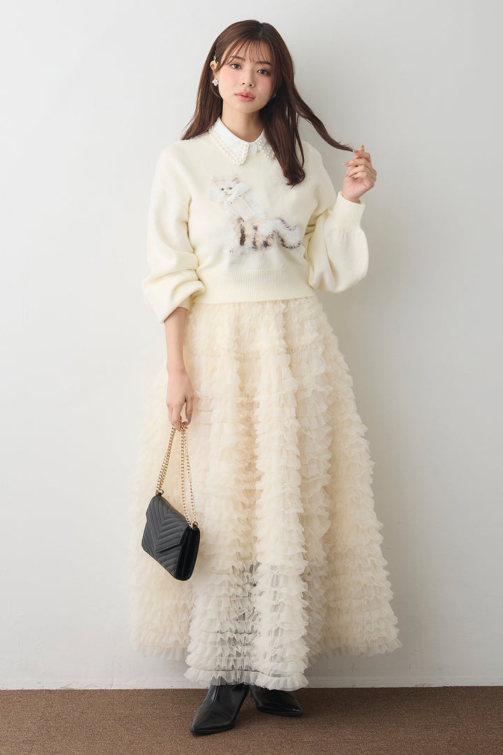 [予約/SET]2連パール付け襟+シャギーリボンキャットモチーフニットPO+ホイップチュールティアードスカート(3set)