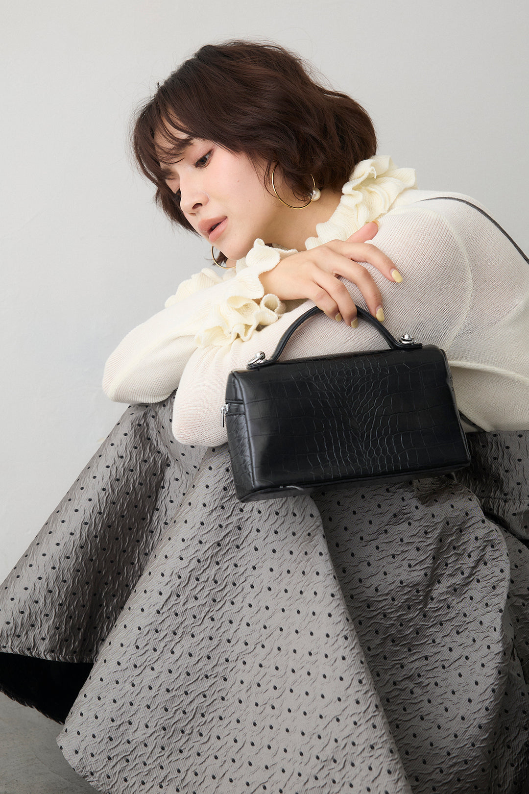 [予約/SET]ダブルフリルカラーニットプルオーバー+ドットジャガードギャザーフレアスカート(2set)