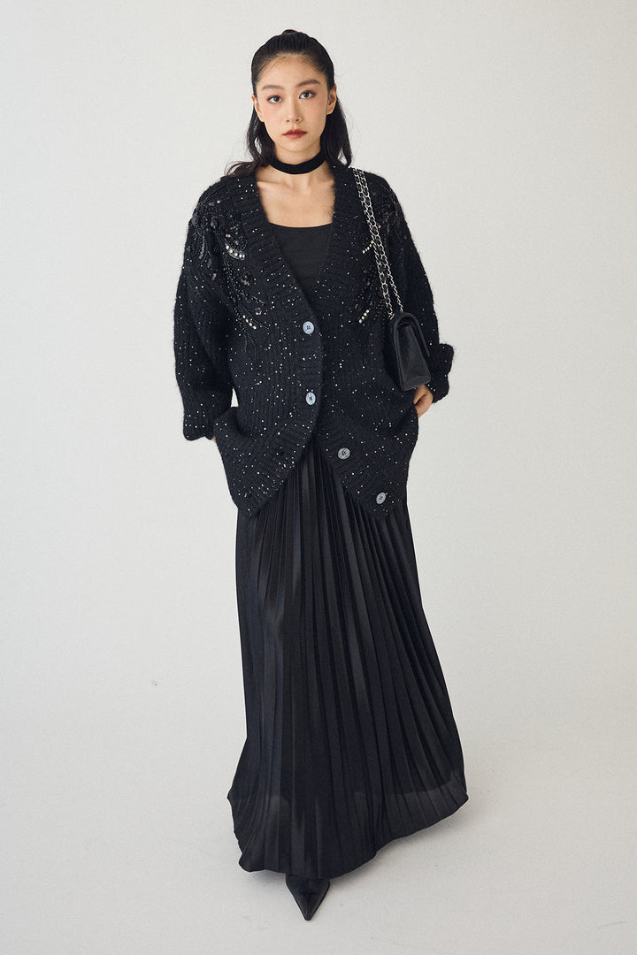 [予約/SET]ビーズフラワースパンコールシャイニーニットカーデ+シャイニープリーツサテンスカート(2set)