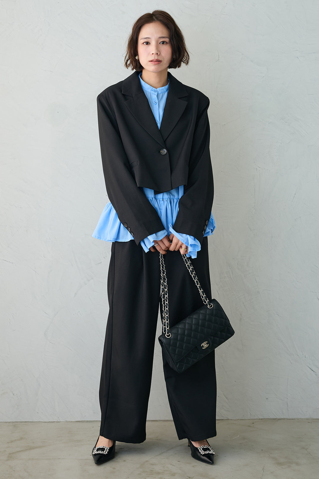 [予約/SET]フリルヘムスリーブブラウス+クロップドマニッシュシンプルジャケット+ツイルシンプルストレートパンツ(3set)