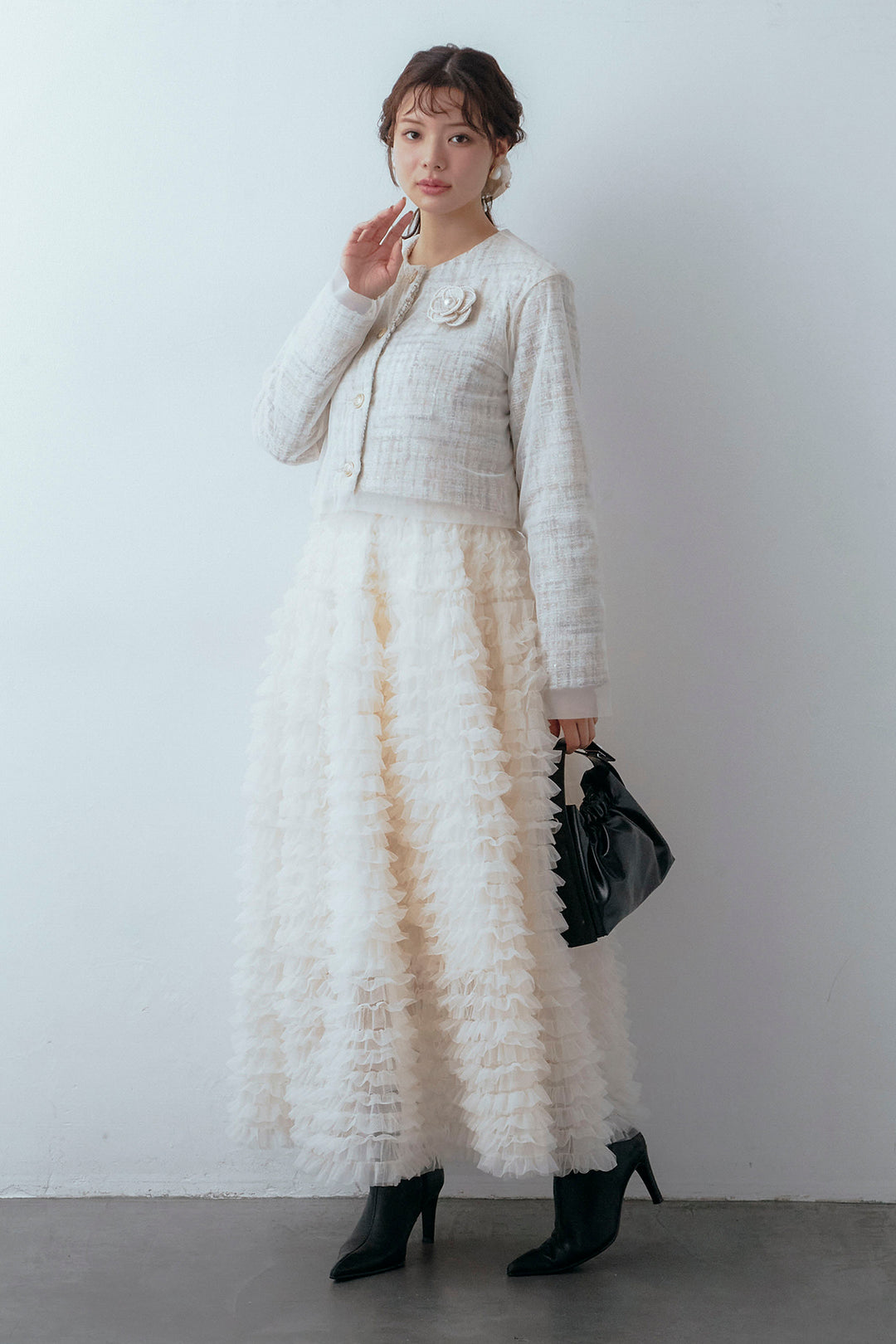 [予約/SET]ツイード×チュールレイヤードクロップドジャケット+ホイップチュールティアードスカート(2set)