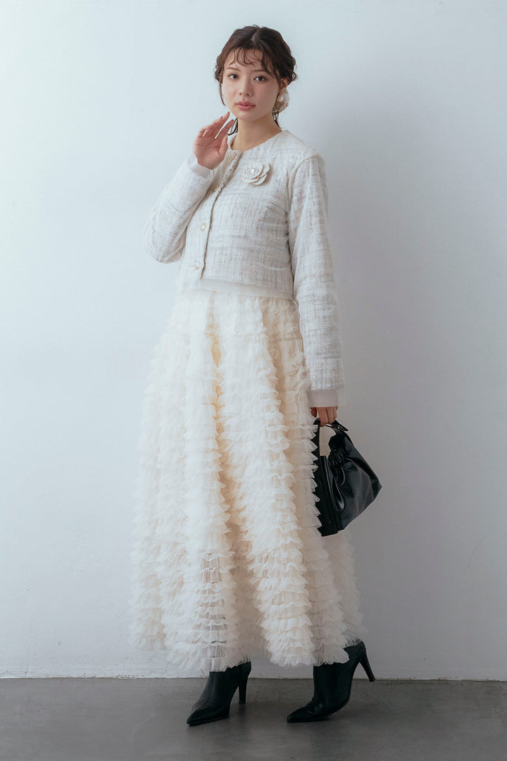 [予約/SET]ツイード×チュールレイヤードクロップドジャケット+ホイップチュールティアードスカート(2set)
