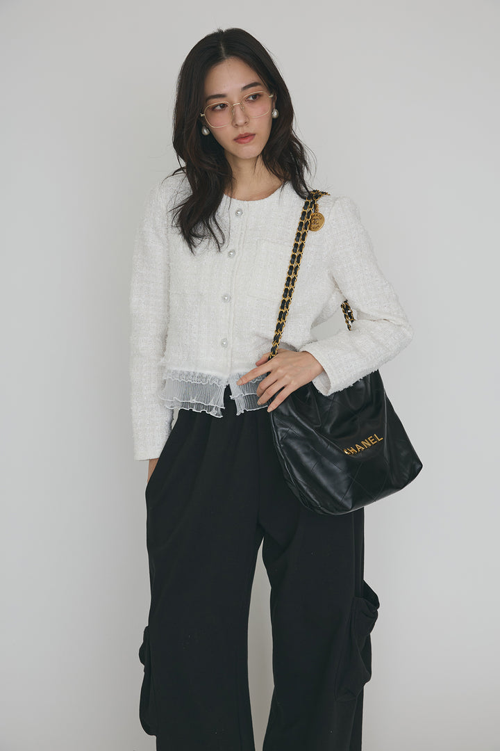 [予約/SET]プリーツフリルヘムライトツイードジャケット+ライトスウェットサイドリボンパンツ(2set)