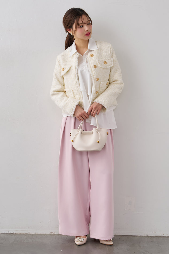 [予約/SET]アシメフリルティアードシャツ+フリンジツイードゴールドボタンジャケット+エステルツイルタックワイドカラーパンツ(3set)