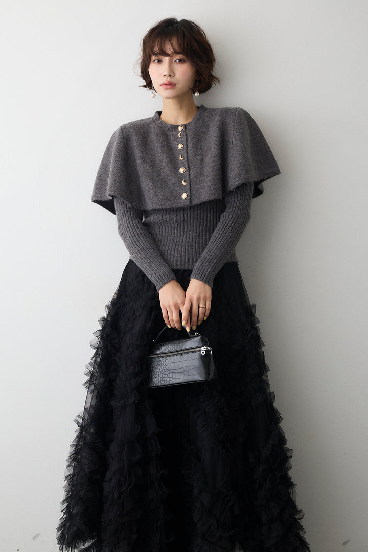 [予約/SET]ミックス釦ケープ2wayニット+スフレアシメチュールスカート(2set)