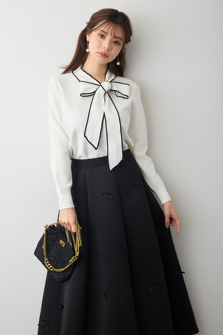 [予約/SET]配色ボウタイリボンニット+マルチパターンボンディングフレアスカート(2set)