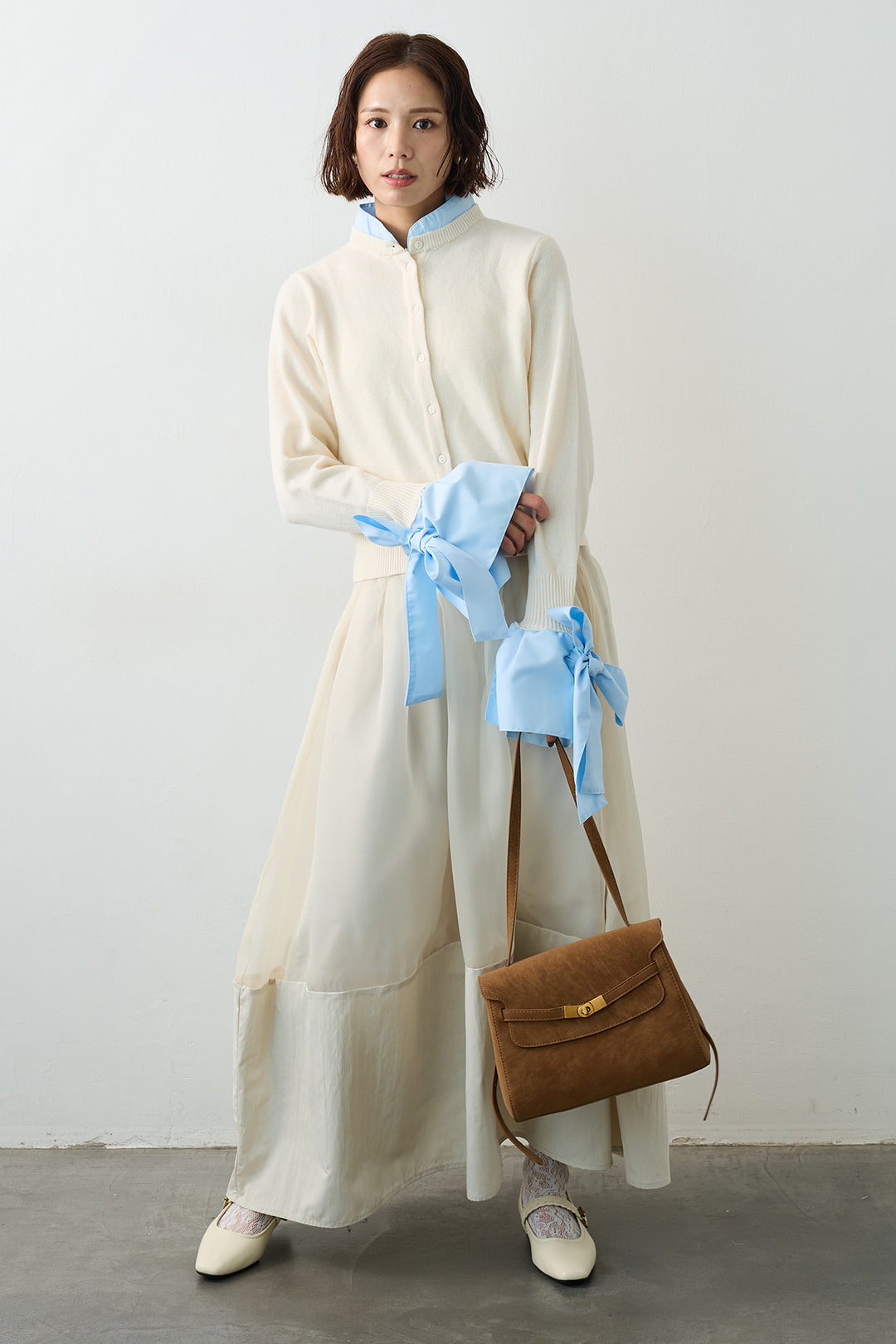 [予約/SET]BIGリボンカフスデザインニットドッキングカーデ+オーガンジー×タフタコクーンスカート(2set)