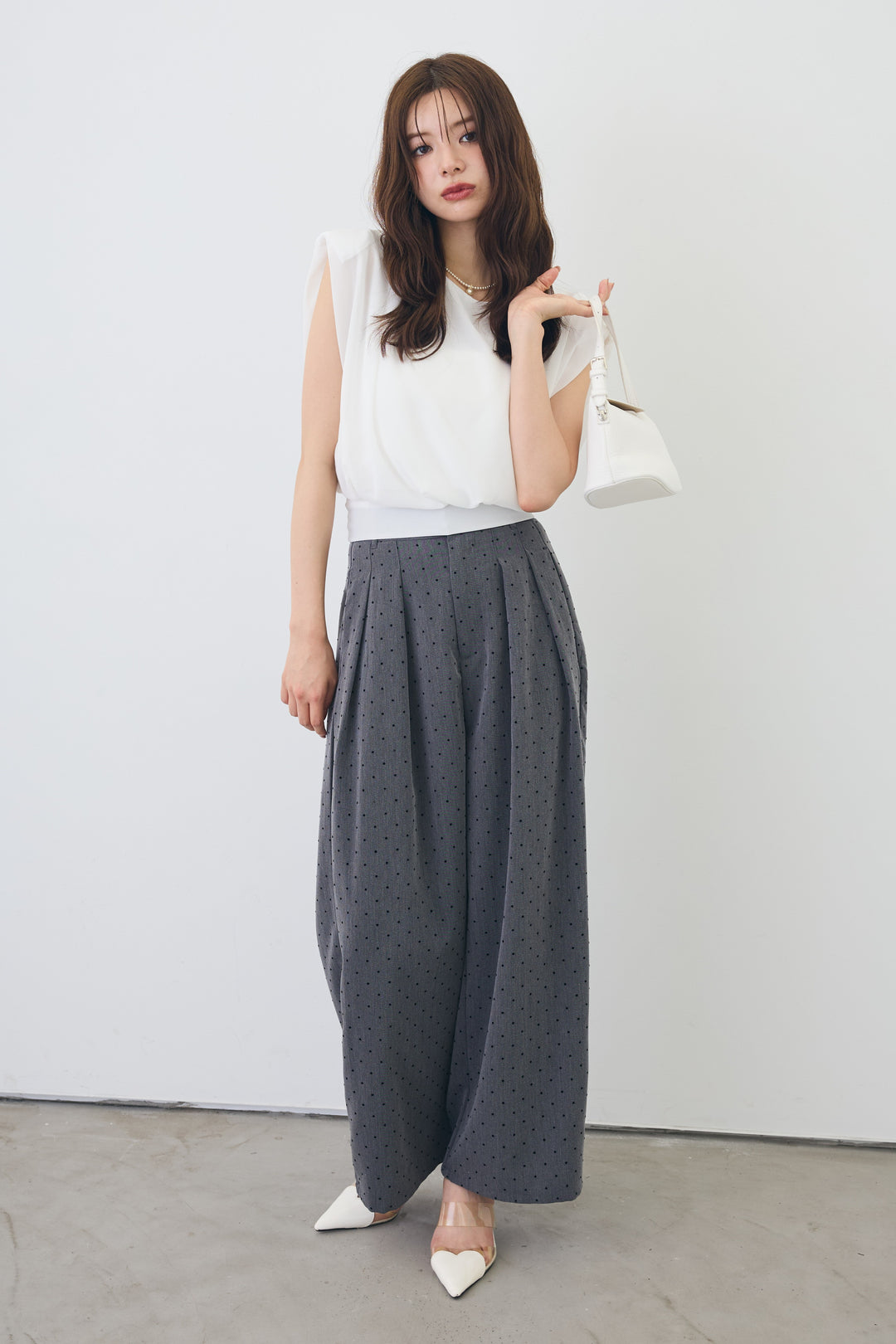 [予約/SET]バックリボンモードショルダーシフォンブラウス+ドットツイルタックワイドパンツ(2set)