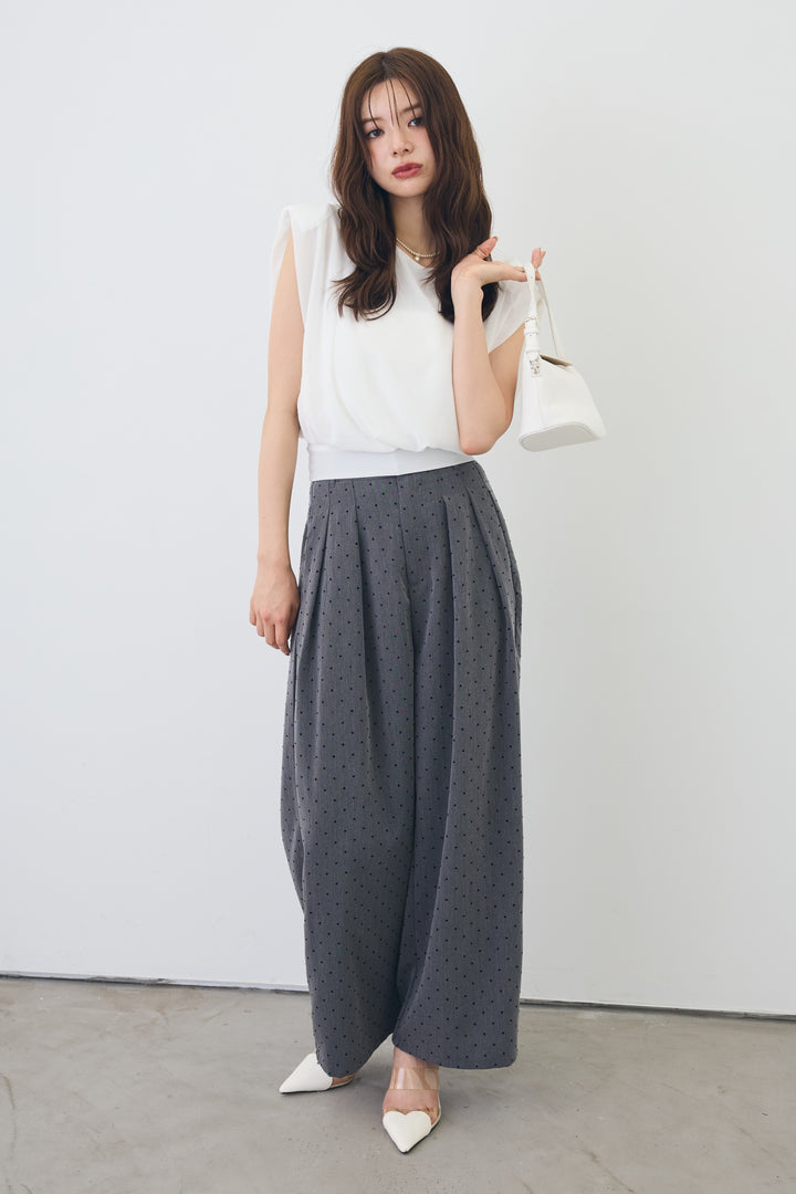 [予約/SET]バックリボンモードショルダーシフォンブラウス+ドットツイルタックワイドパンツ(2set)