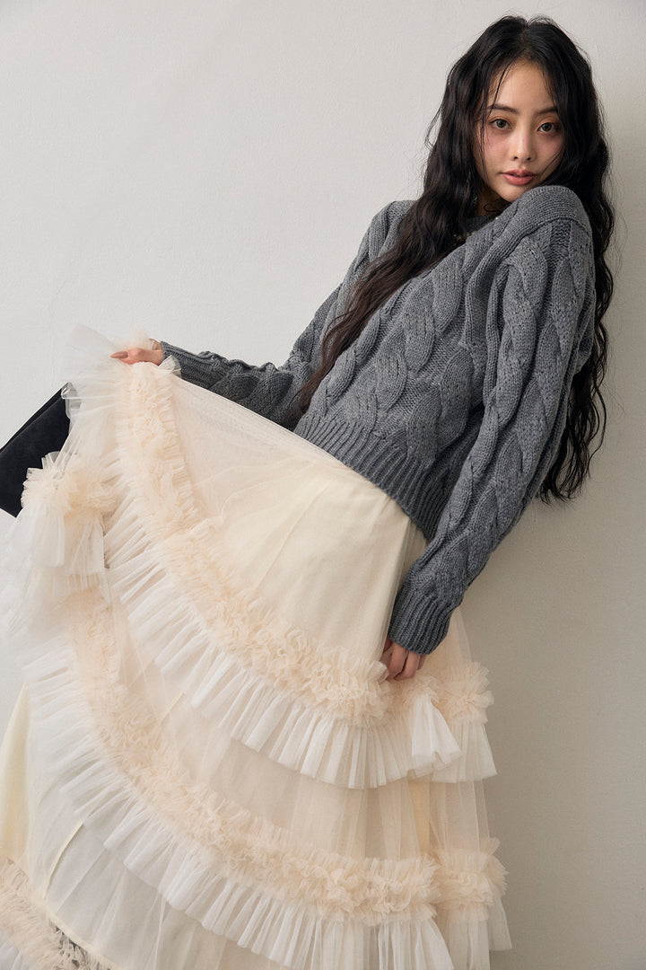 [予約]ネックパールケーブル編みニット