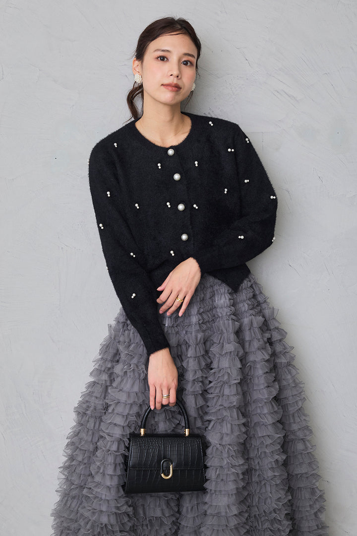 [予約/SET]ミックスパールシャギーコーディガン+ホイップチュールティアードスカート(2set)