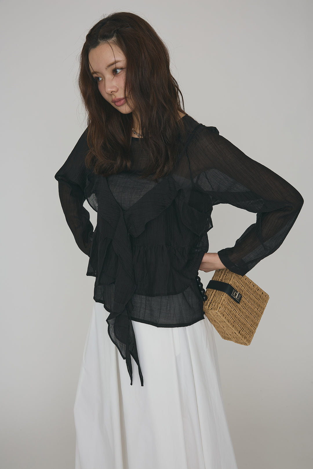 [予約/SET]ドレープフリルシアーレーヤードトップス+フロントサイドタックワイドパンツ(2set)