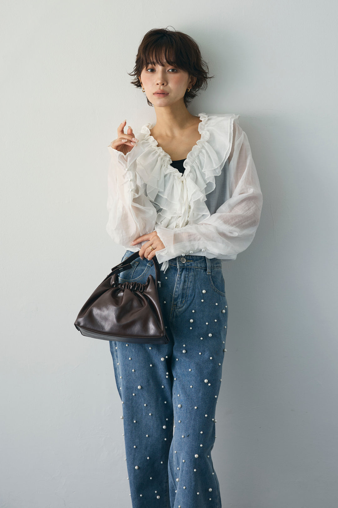 [予約/SET]エアリーラッフルフリルブラウス+フリンジツイードクラシカルジャケット+ランダムパールハイウエストストレートデニム(3set)