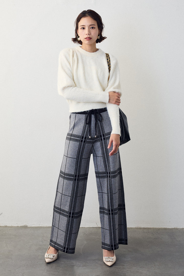 [予約/SET]モヘアパフスリーブプルオーバー+チェック柄ニットストレートパンツ(2set)