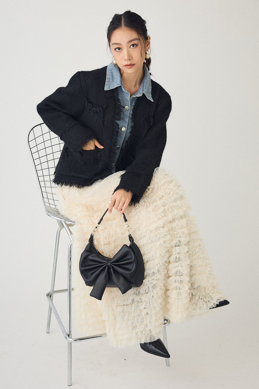 [予約/SET]デニムシャツドッキングツイードカーデ+ホイップチュールティアードスカート(2set)