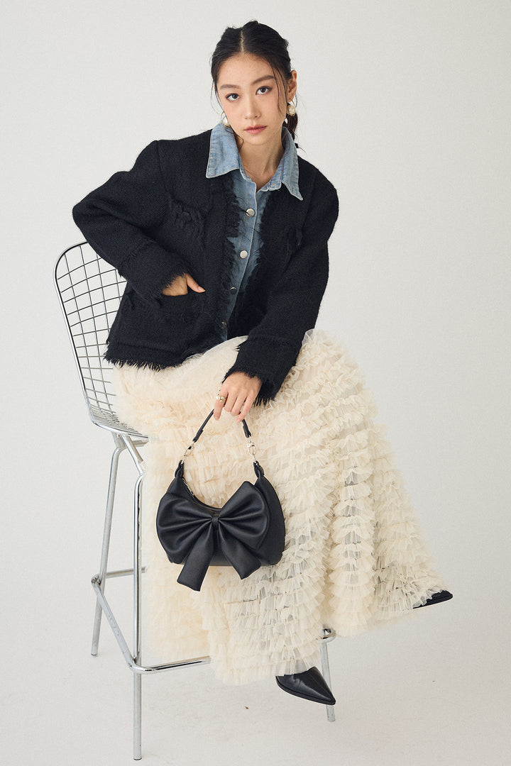 [予約/SET]デニムシャツドッキングツイードカーデ+ホイップチュールティアードスカート(2set)