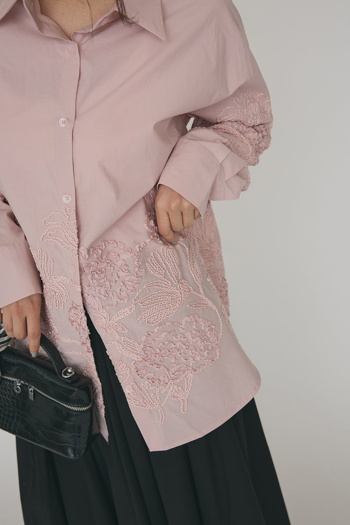 [予約/SET]フラワー刺繍モチーフオーバーシャツ+ギャザーフレア綿タッチスカート(2set)