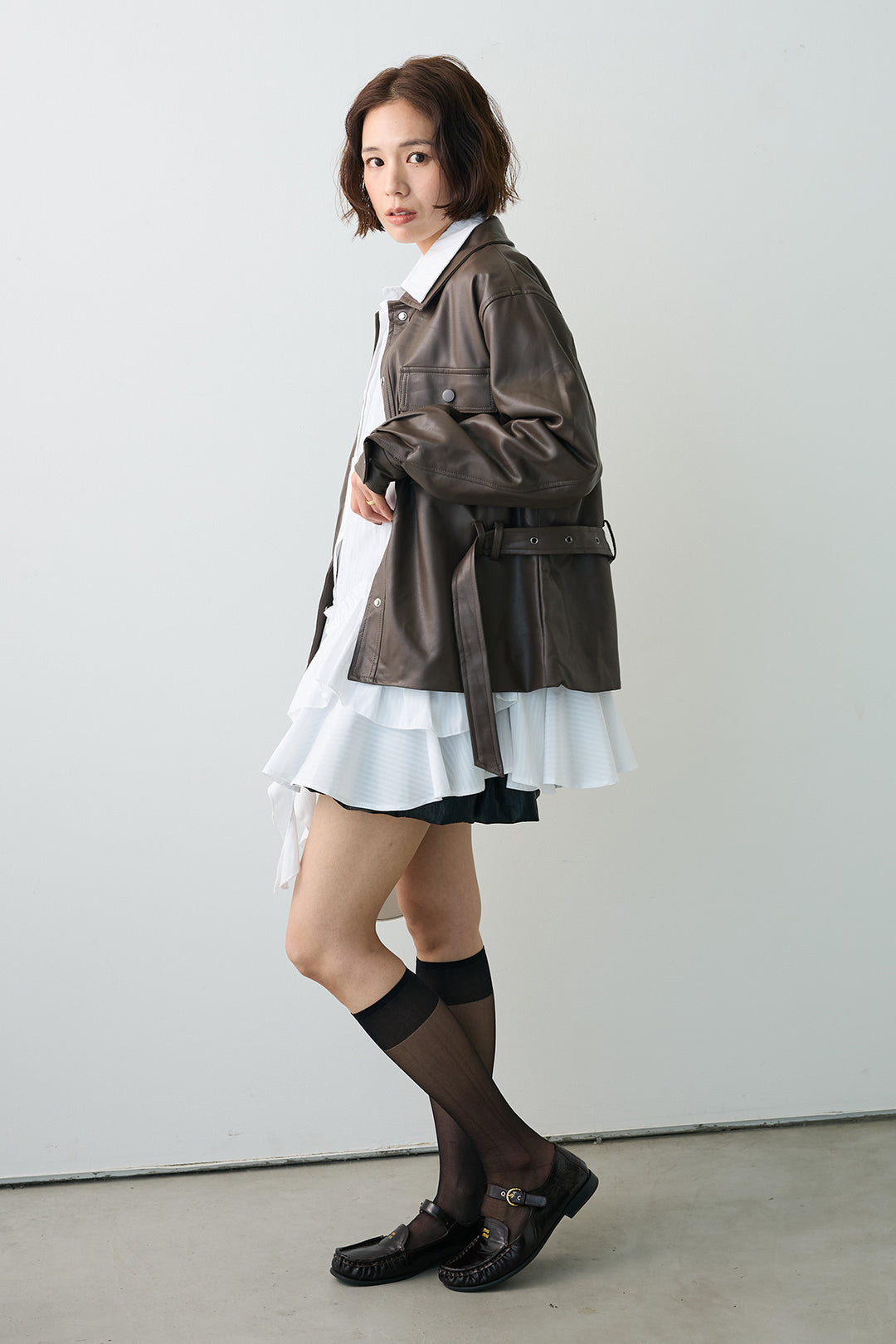 [予約/SET]ストライプフリルヘムシャツチュニック+レザーライクウエストシェイプジャケット(2set)