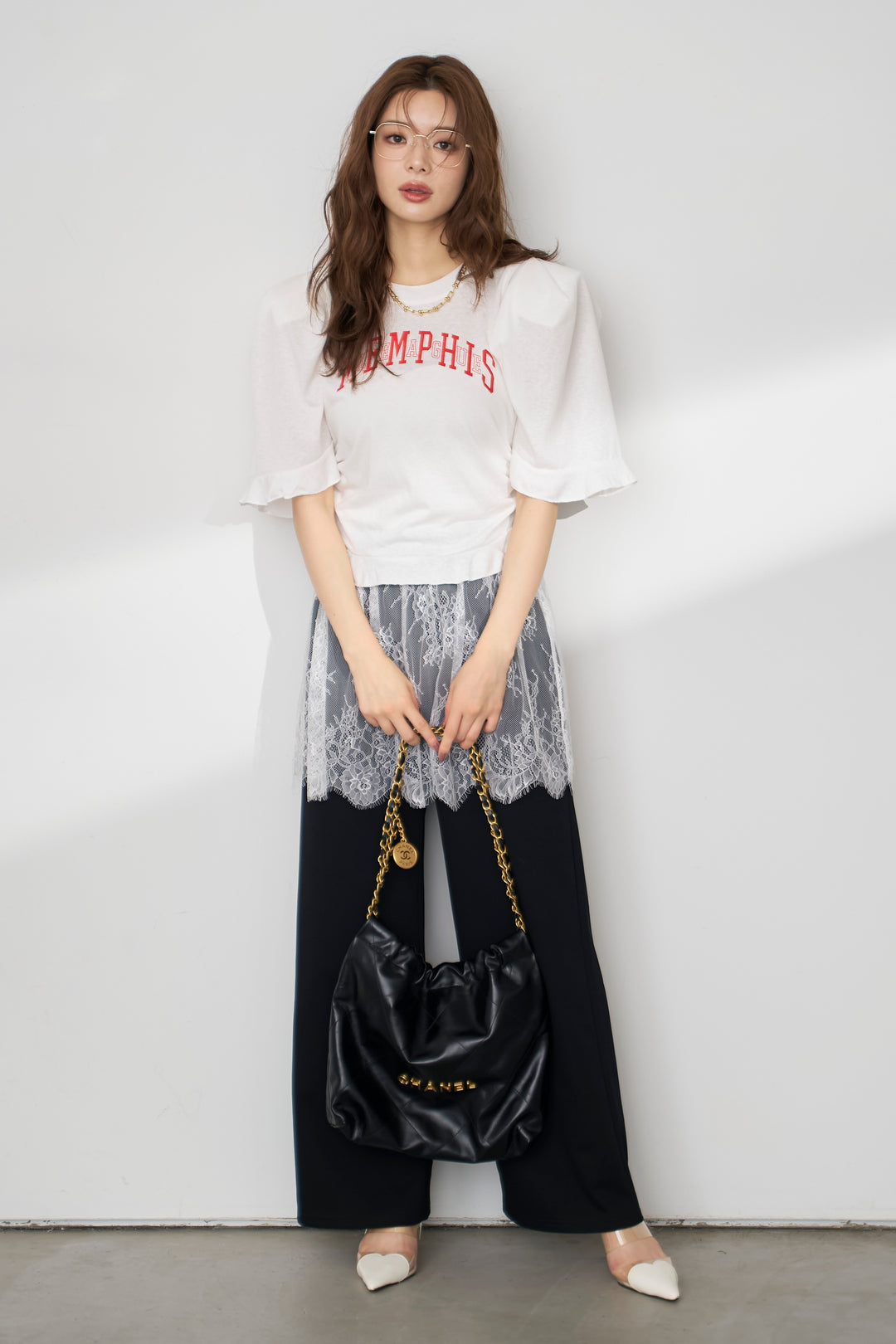 [予約/SET]ロゴパフスリーブデザインTシャツ+繊細レースレイヤードパンツ(2set)