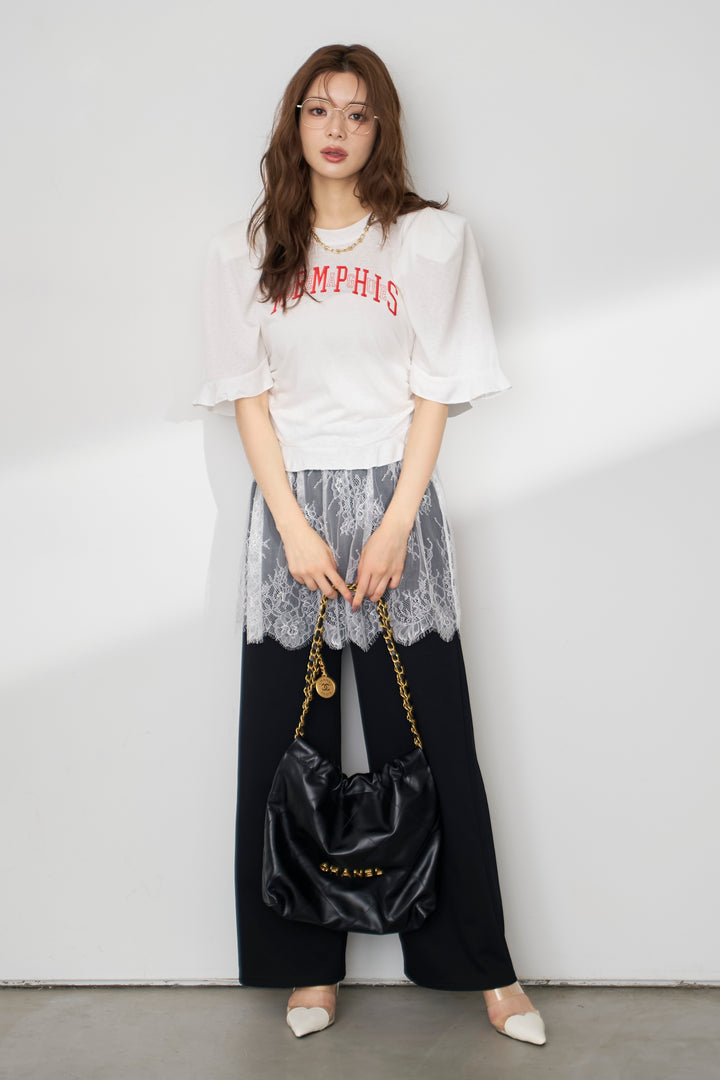 [予約/SET]ロゴパフスリーブデザインTシャツ+繊細レースレイヤードパンツ(2set)