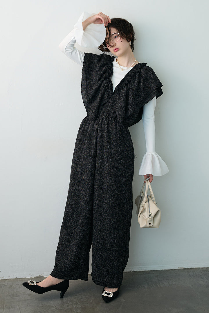 [予約/SET]サイドギャザーフレアチュールカフストップス+サマーツイードマルチウェイロンパース(2set)