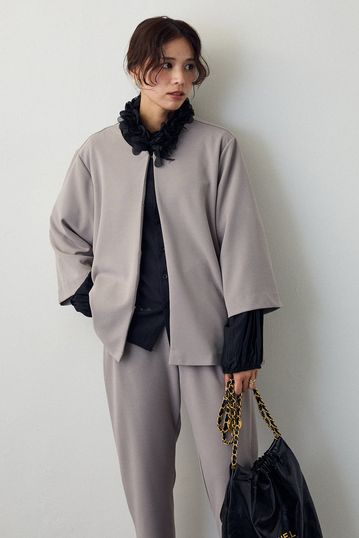 [予約/SET]フラワーフリルネックブラウス+ノーカラージョーゼットセットアップ(2set)