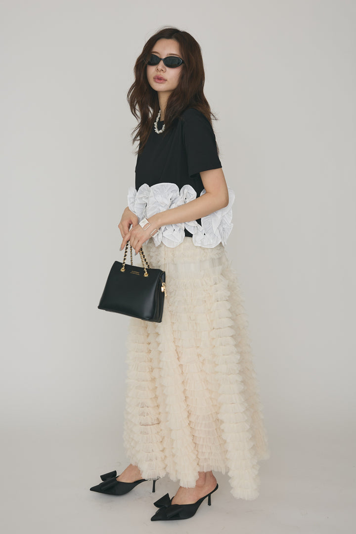 [予約/SET]フリルウェーブヘムカットTシャツ+ホイップチュールティアードスカート(2set)