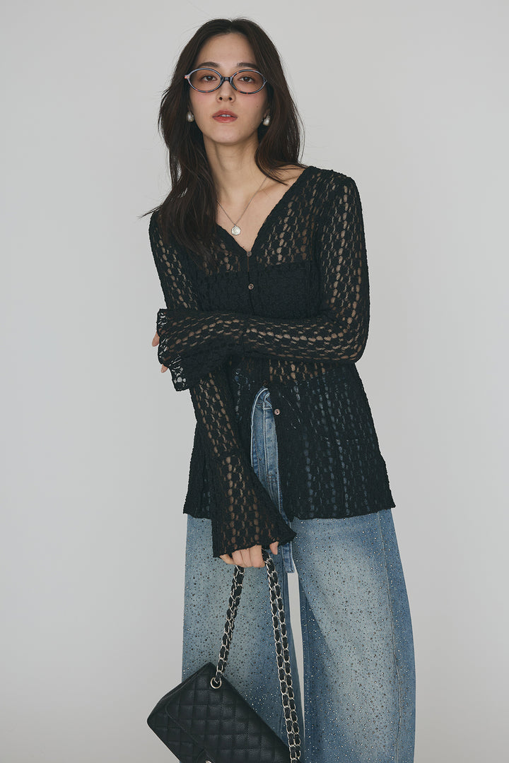 [予約/SET]カットレースフラワーVネックカーデ+ラインストーン美ラインデニム(2set)