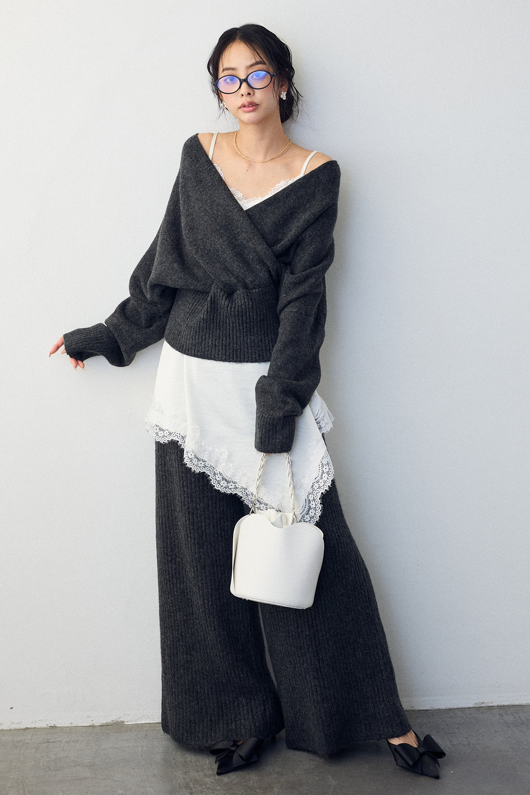 [予約/SET]カシュクール美ラインニットセットアップ+サテンレースアシメキャミ(2set)