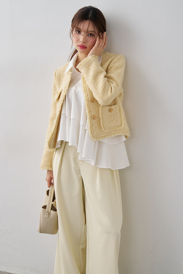 [予約/SET]フリンジツイードゴールドボタンジャケット+エステルツイルタックワイドカラーパンツ(2set)