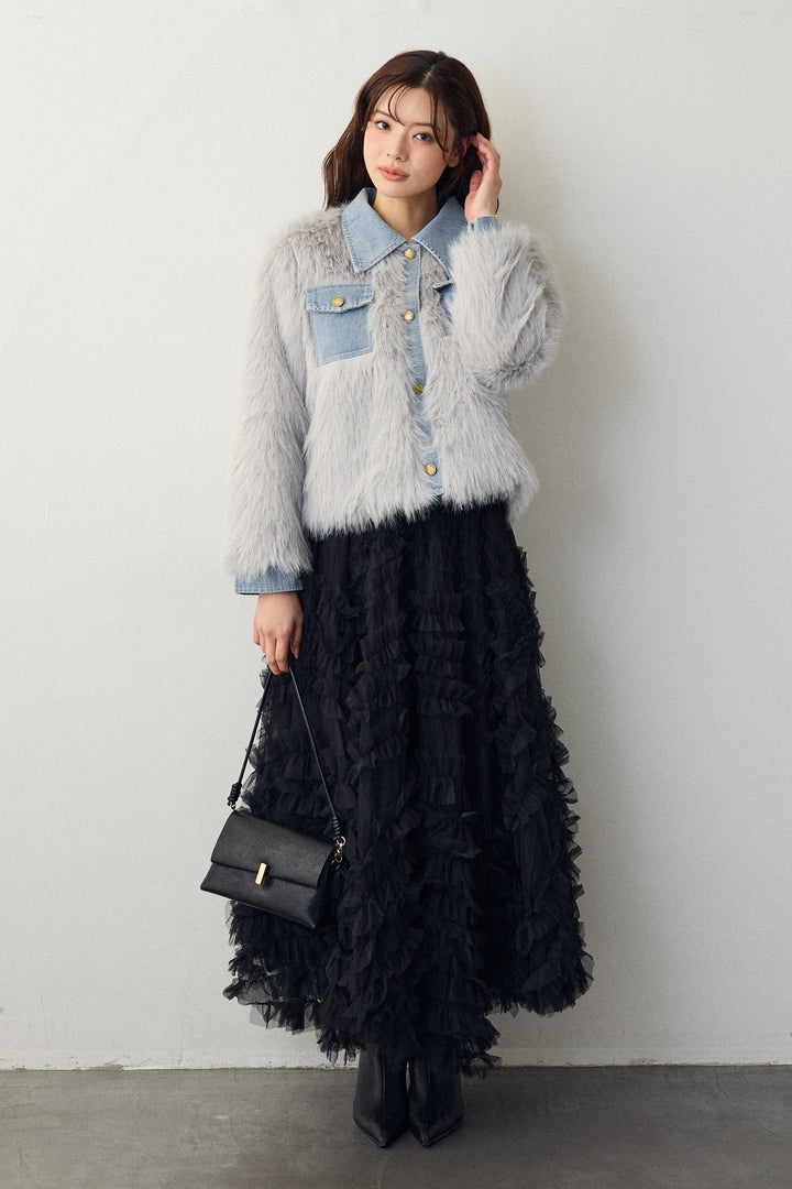 [予約/SET]デニムシャツドッキングファージャケット+スフレアシメチュールスカート(2set)