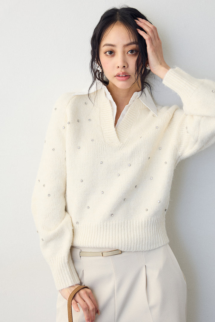 [予約/SET]シャツ襟ラインストーンニットPO+ポイントベルトセットストレートワイドパンツ(2set)