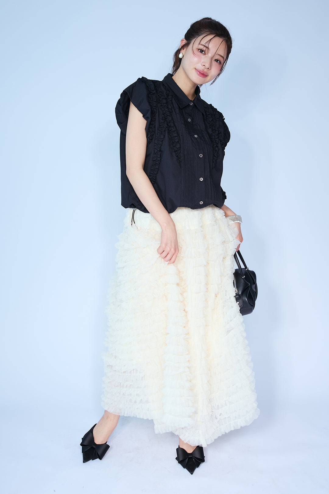 [予約]ミックスフリルピンタックサイドドロストブラウス