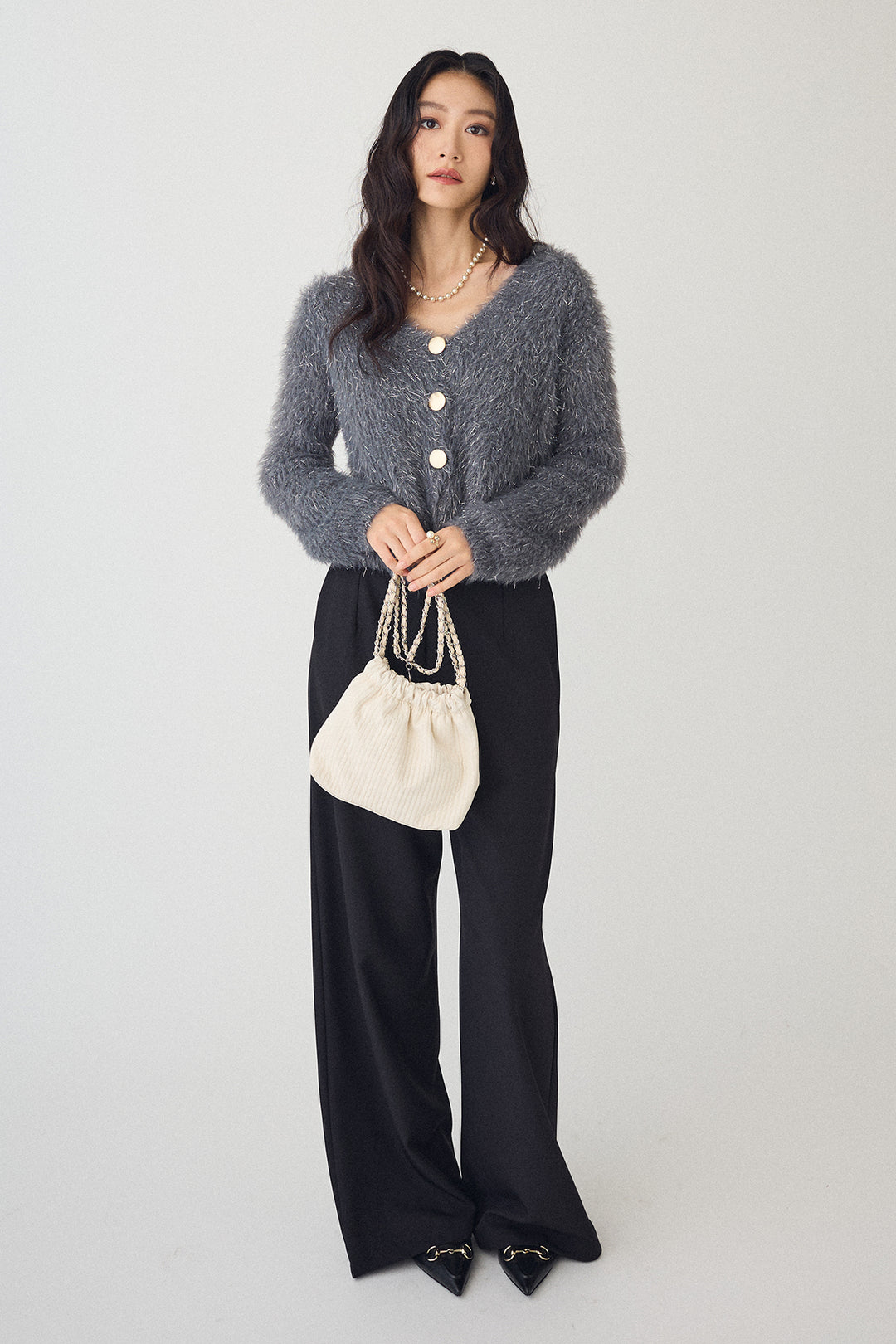 [予約/SET]ゴールドボタンラメシャギーニット+バックリボンストレートパンツ(2set)