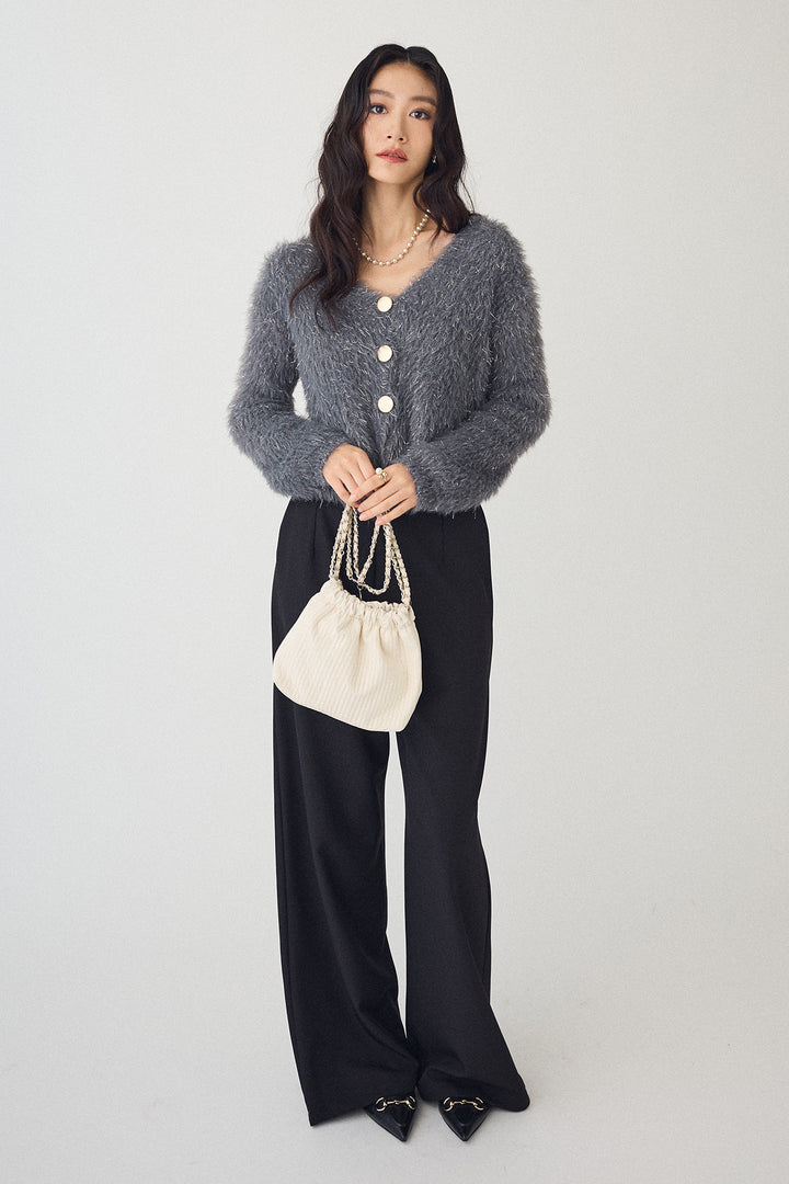 [予約/SET]ゴールドボタンラメシャギーニット+バックリボンストレートパンツ(2set)