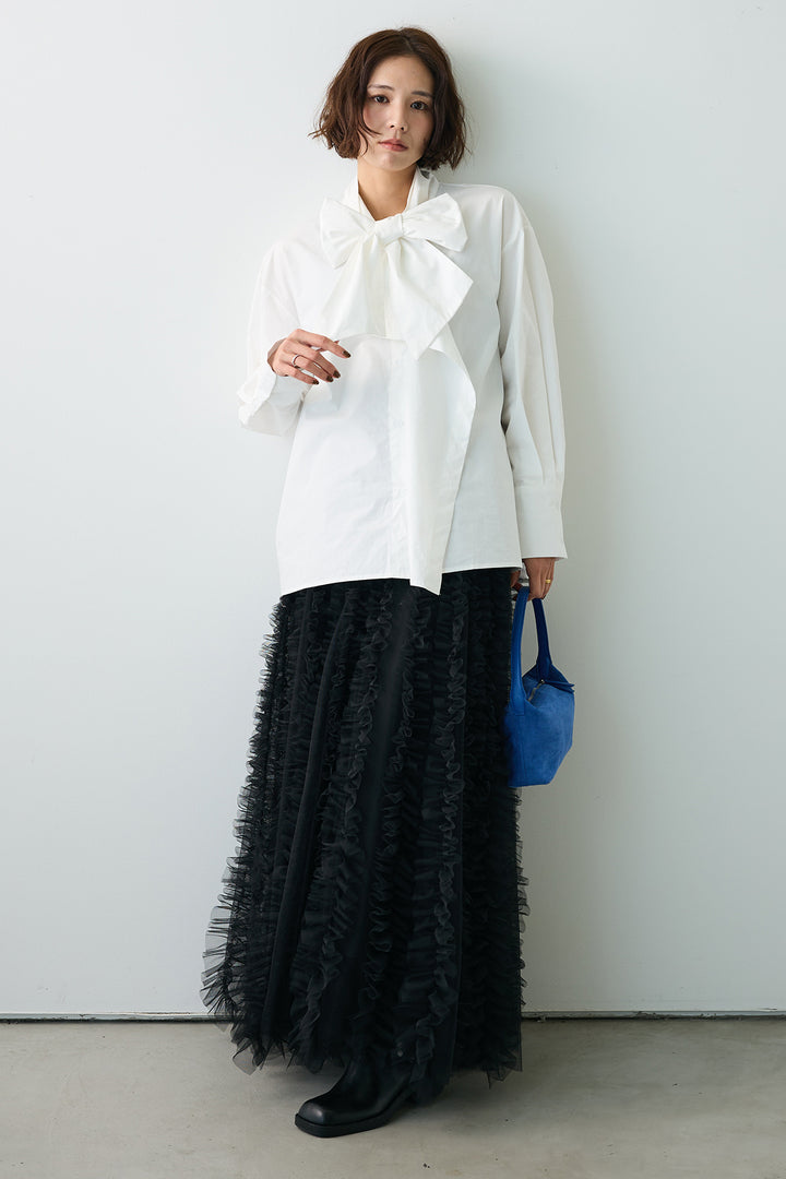 [予約/SET]マルチパターンボウタイアシメシャツ+Iラインホイップチュールスカート(2set)