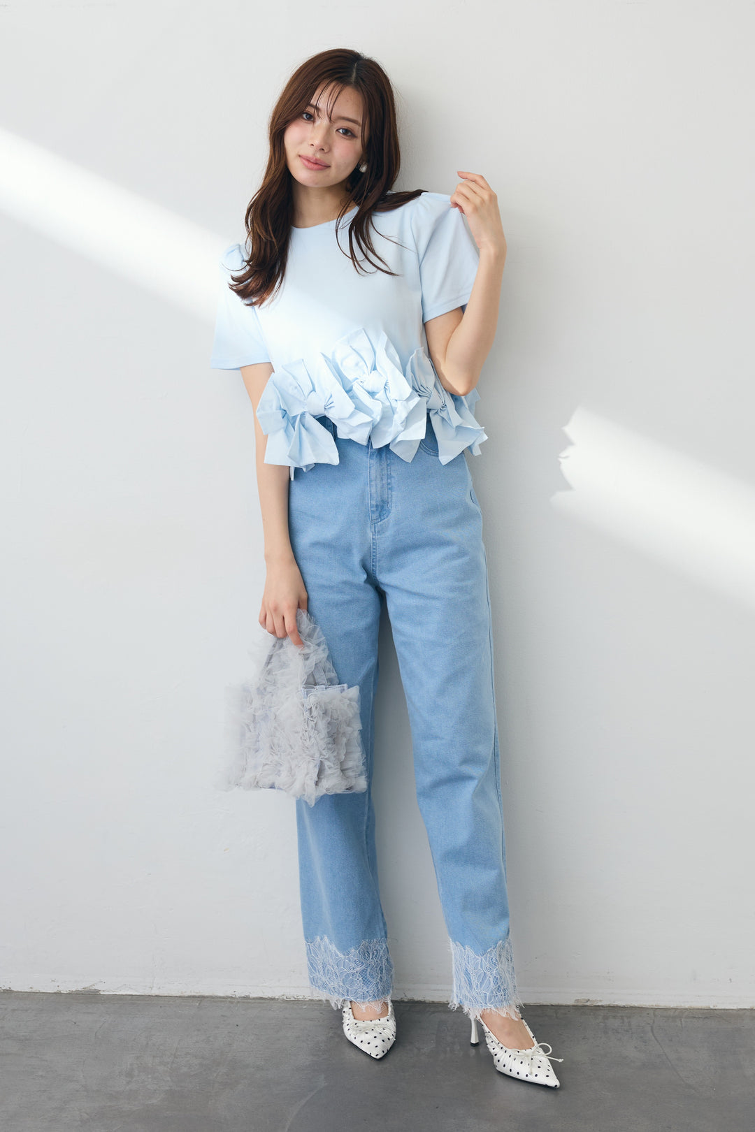 [予約/SET]リボンヘムデザインTシャツ+【接触冷感】ヘムレースデニムパンツ(2set)