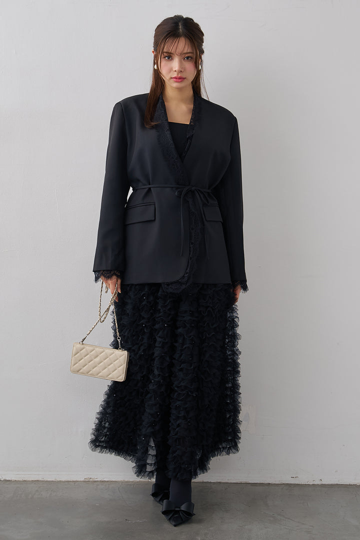 [予約/SET]カシュクールレースドッキングジャケット+パール付きホイップチュールスカート(2set)