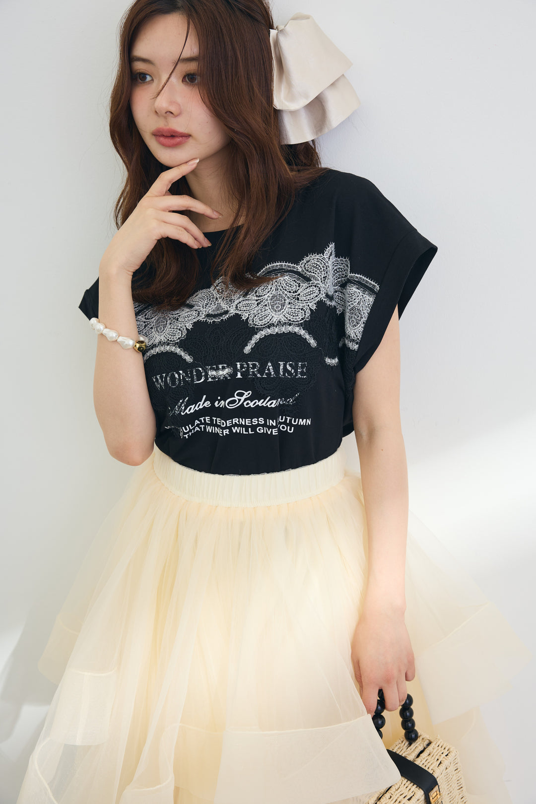 [予約/SET]レースデザインロゴTシャツ+ランダムチュールドラマティックスカート(2set)
