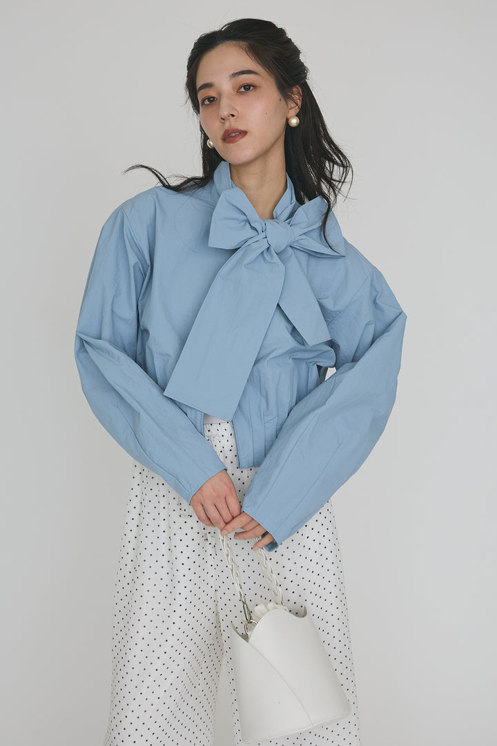 [予約/SET]フロントファスナーヘムタックボウタイブラウス+シアードットリラックスパンツ(2set)