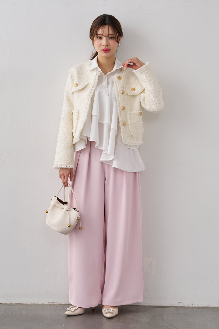 [予約/SET]アシメフリルティアードシャツ+フリンジツイードゴールドボタンジャケット+エステルツイルタックワイドカラーパンツ(3set)