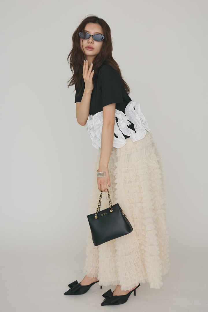 [予約/SET]フリルウェーブヘムカットTシャツ+ホイップチュールティアードスカート(2set)