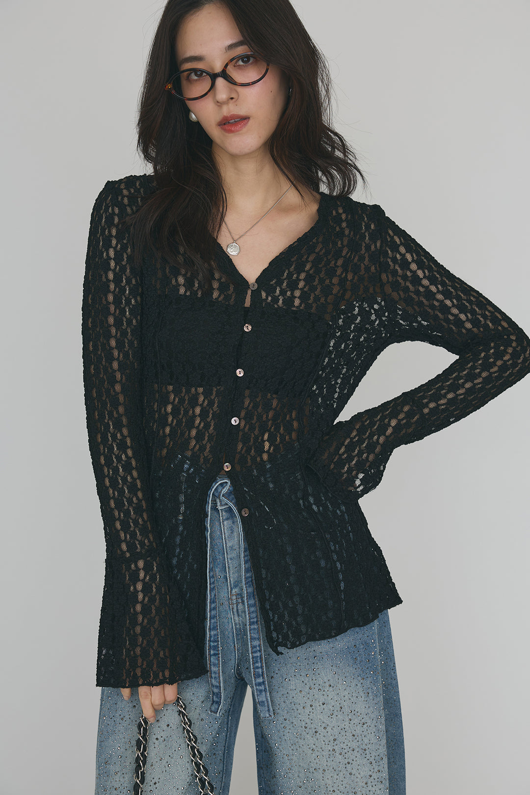 [予約/SET]カットレースフラワーVネックカーデ+ラインストーン美ラインデニム(2set)