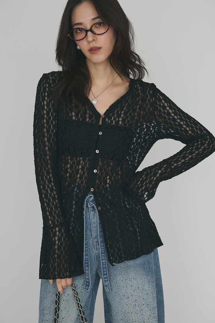 [予約/SET]カットレースフラワーVネックカーデ+ラインストーン美ラインデニム(2set)